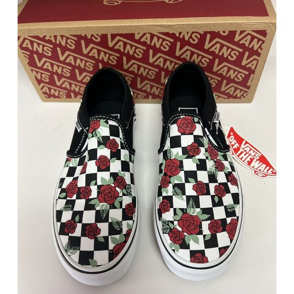 Vans Shoes - VANS Shoes Womens 6 Black White Asher Checkerboard Rose Graphic Skate Sneakers